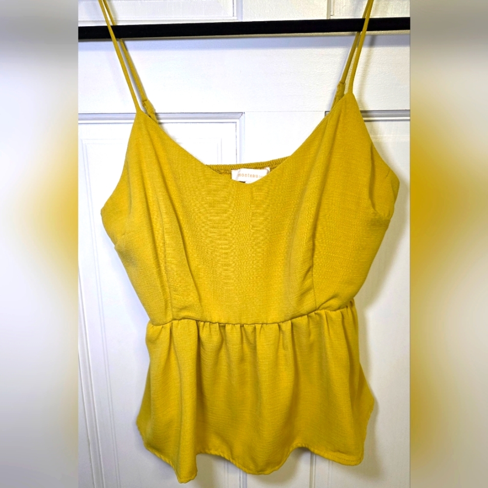 Monteau Adjustable Spaghetti Strap Peplum Crop Top Blouse Shirt- Size Lg Mustard